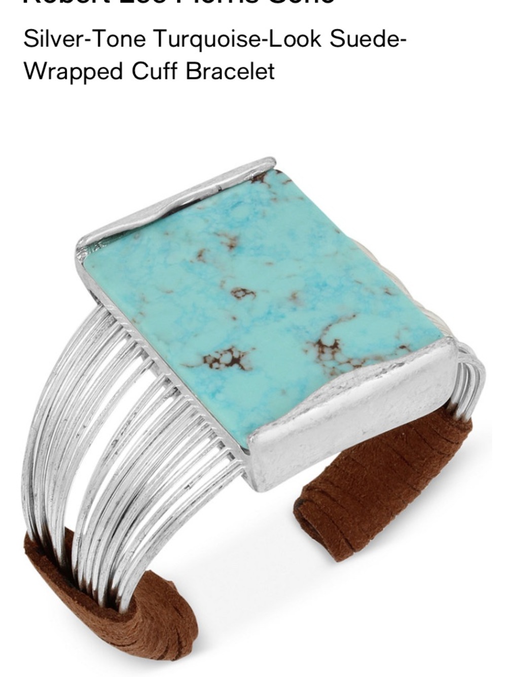 Silver-Tone Turquoise-Look Cuff Bracelet - Brown Suede